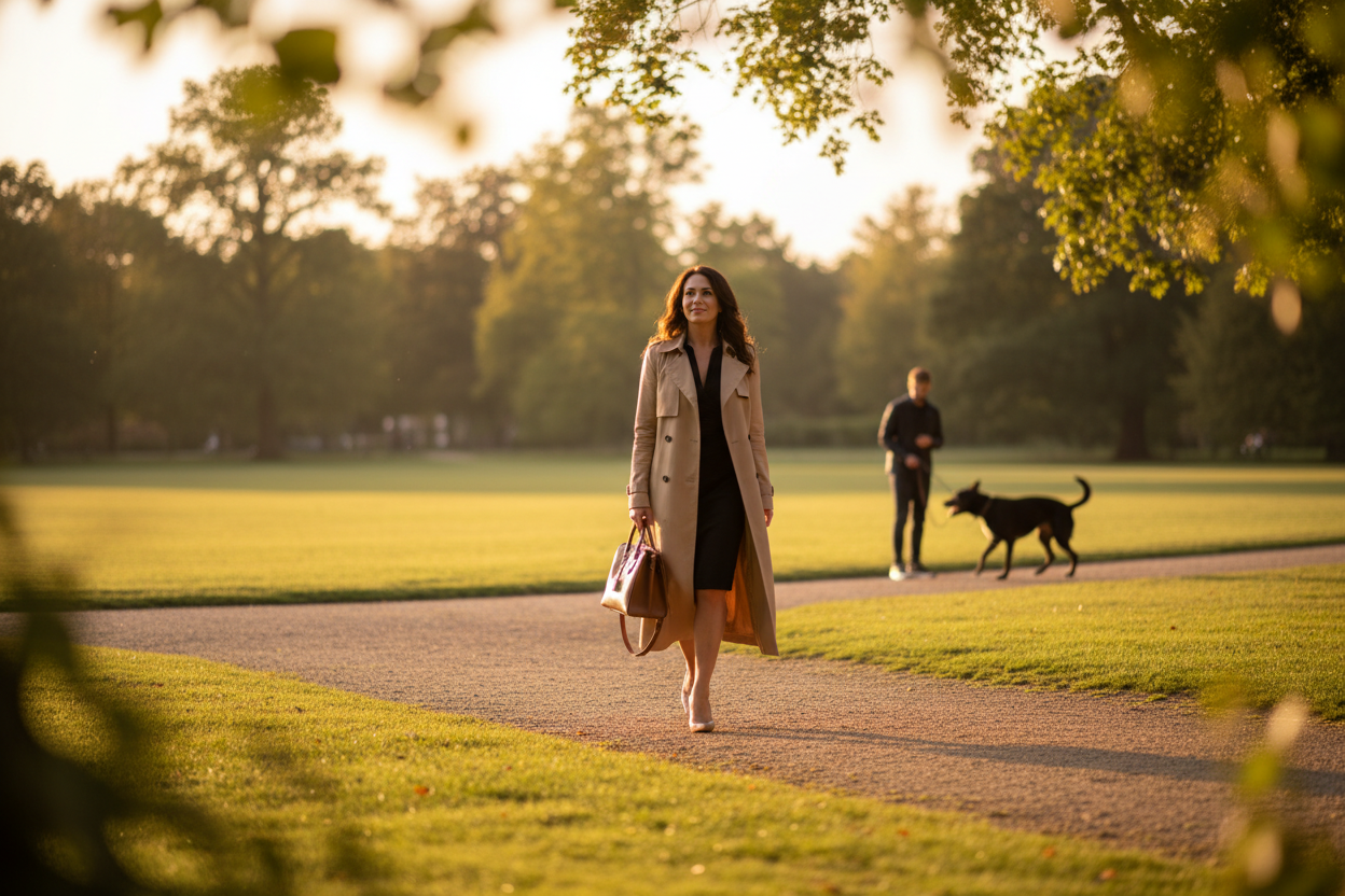Une photo lifestyle d’une femme qui marche seule le soir, confiante.Elle est dans un parc. Au loin, il ya un homme et un chien, le chien a lair agressif mais on le voit pas vraiment. La femme a un sac a mains